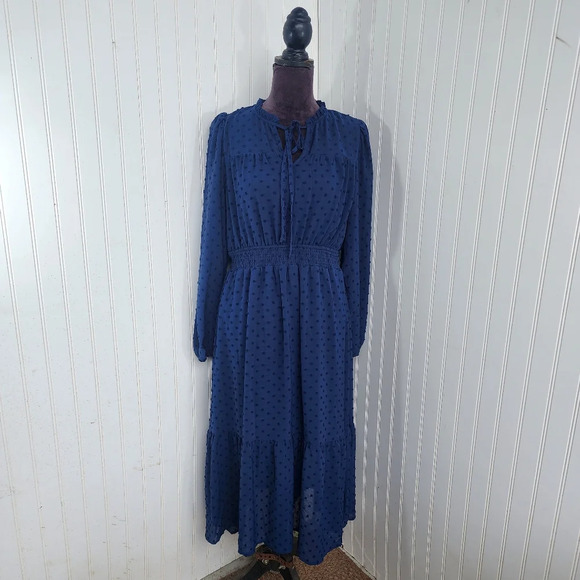 NWT Mine Main Street Exchange Swiss Dot Modest Midi Dress Navy Blue Long Slv L - Picture 1 of 16